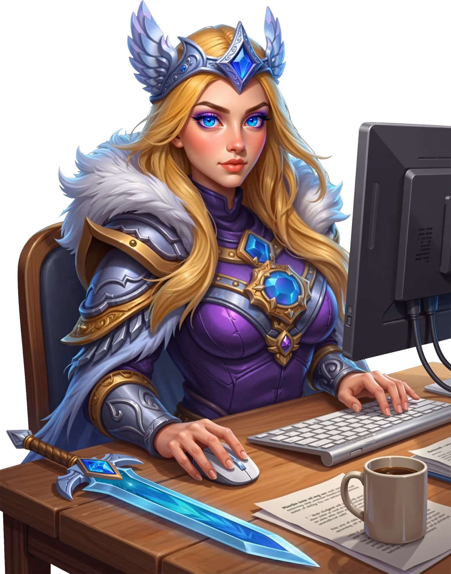 Smiling woman dressed in ancient Egyptian attire writing in a book surrounded by illustrated open books and a golden scarab emblem.