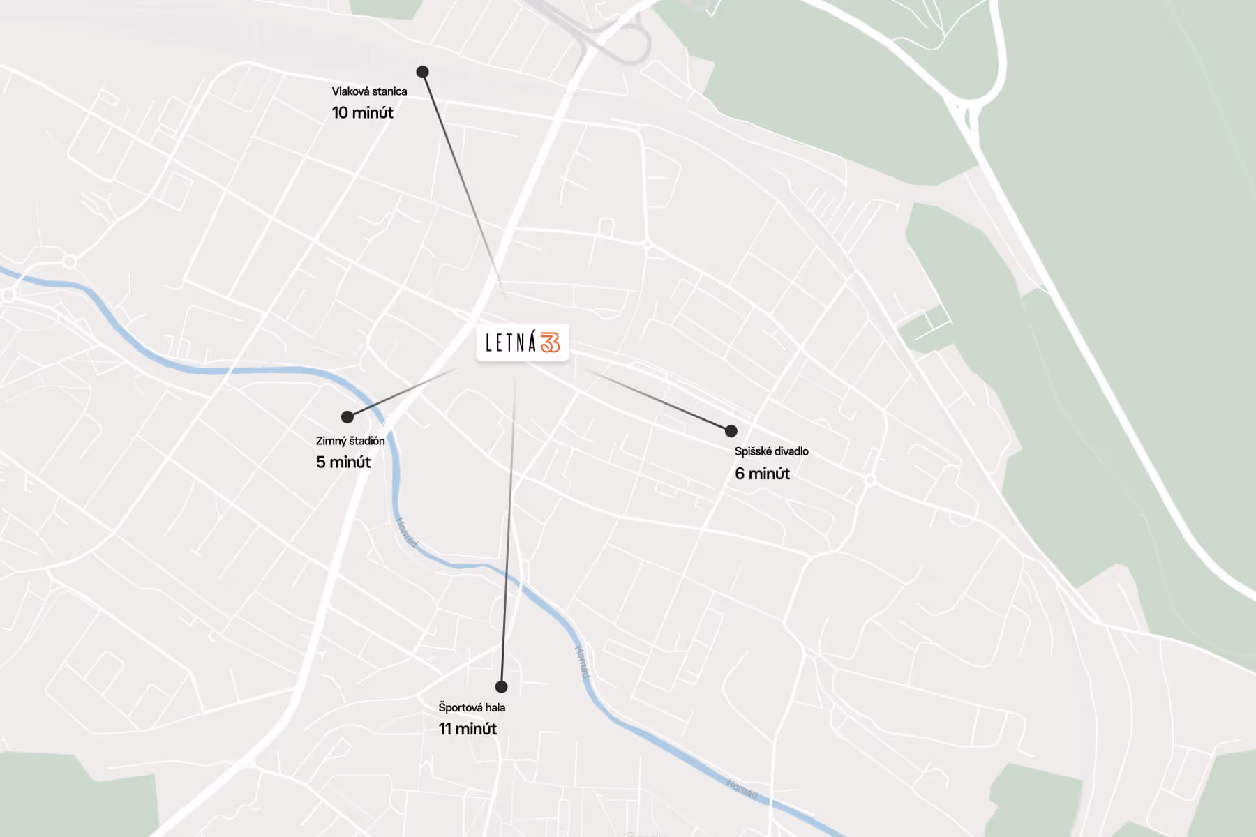 Znázornenie projektu Letná 33 na mape.