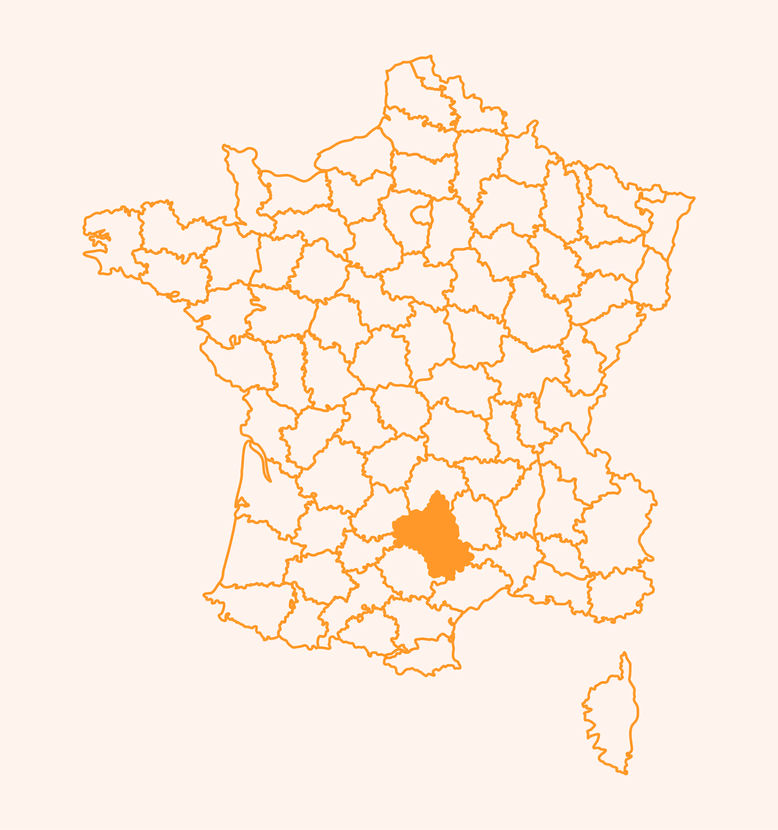 Carte de la France métropolitaine avec les départements en contours orange, le département de l'Aveyron est mis en avant en orange plus foncé.