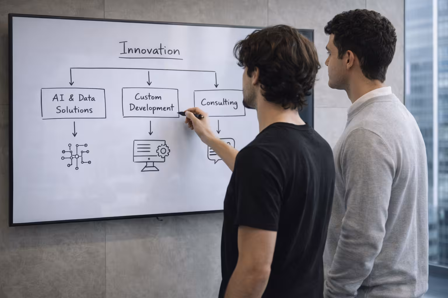 Dos hombres frente a una pizarra digital que muestra un diagrama de flujo sobre innovación con tres categorías: soluciones de IA y datos, desarrollo personalizado y consultoría.