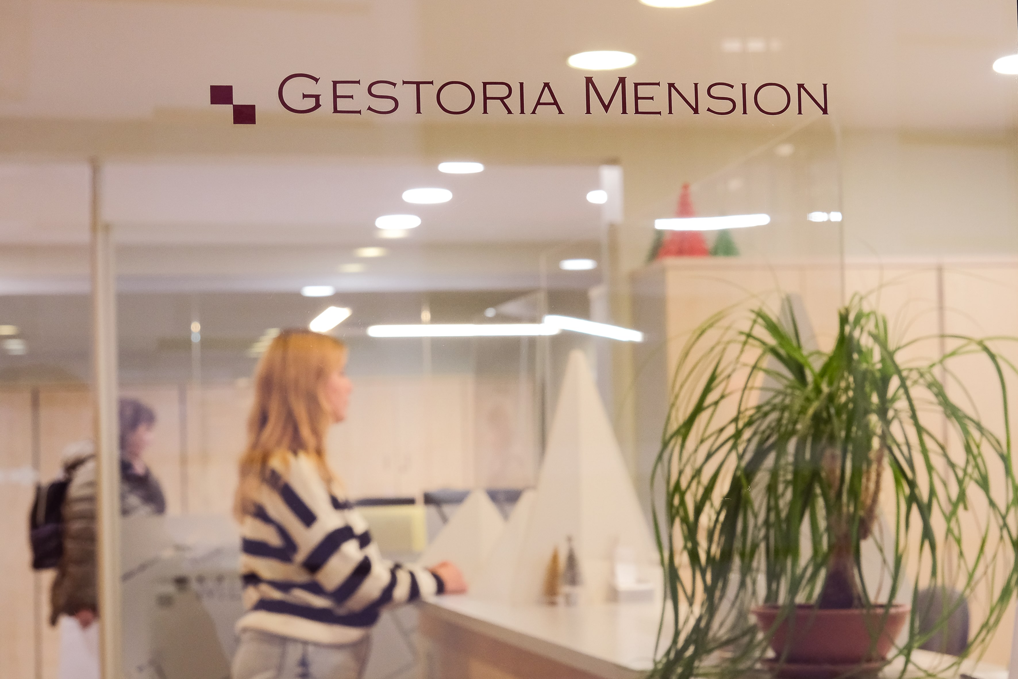 Recepción de oficina con mujer de pie frente al mostrador y planta grande en maceta.