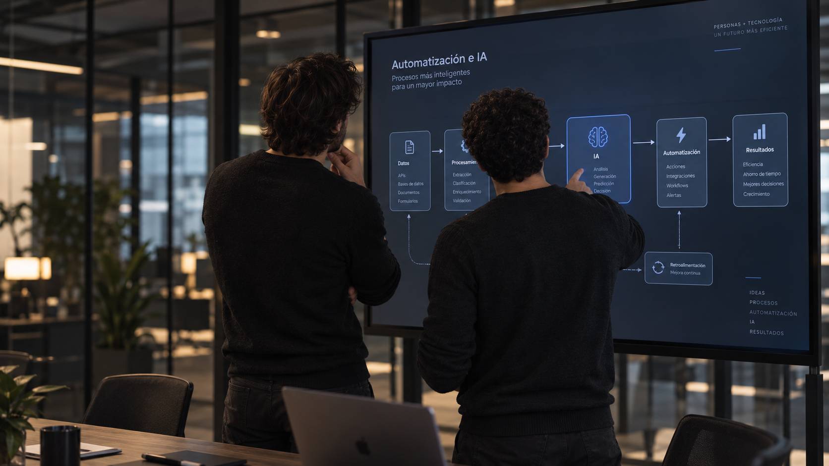Dos hombres frente a una pizarra digital que muestra un diagrama de flujo sobre innovación con tres categorías: soluciones de IA y datos, desarrollo personalizado y consultoría.