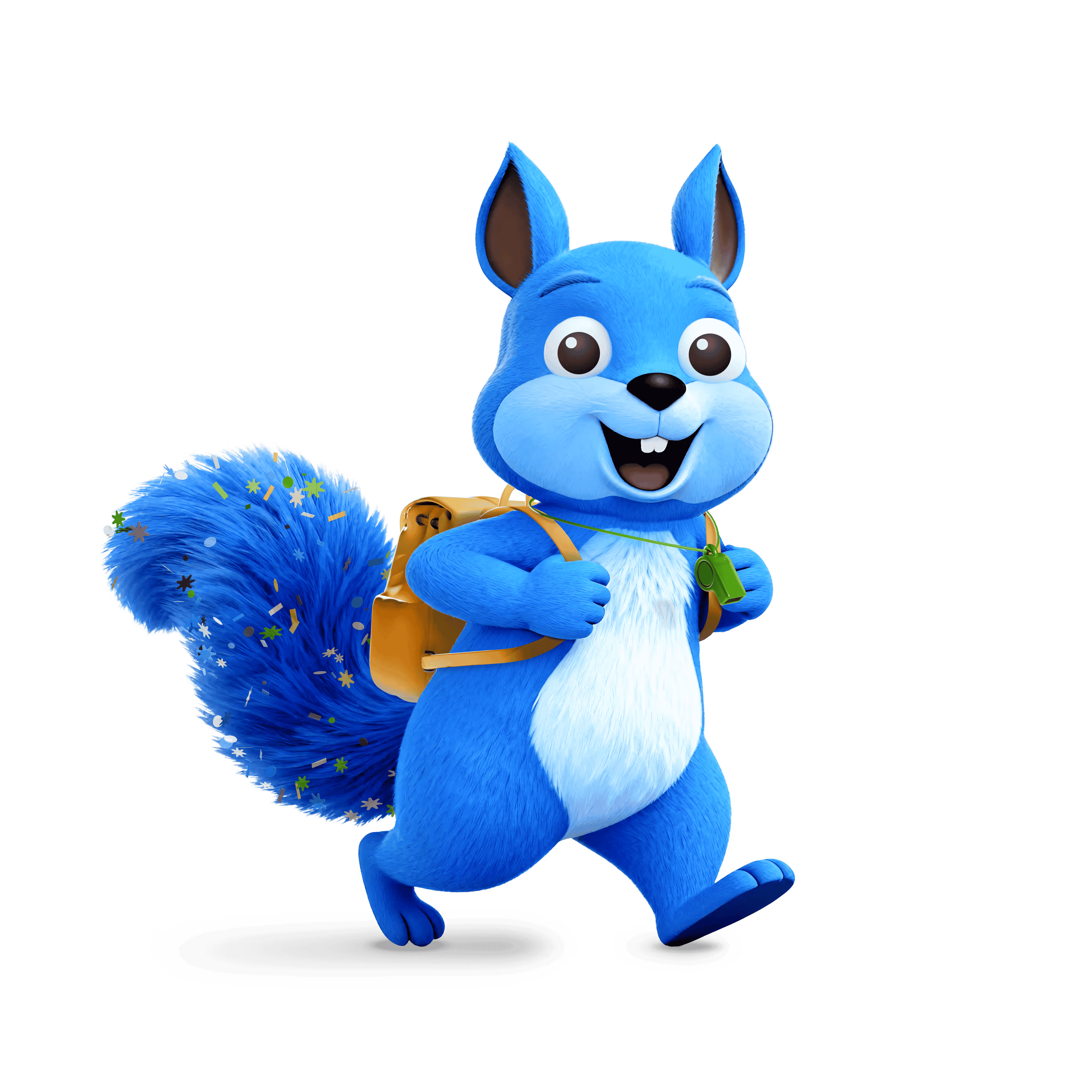 Blauwe eekhoornmascotte Kiko met glitters op zijn staart, een rugzak en een fluitje rond zijn nek, staand in het midden van een gele, ronde achtergrond.