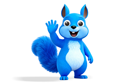 Blauwe eekhoord-mascotte Kiko die aan het lachen en aan het zwaaien is. 