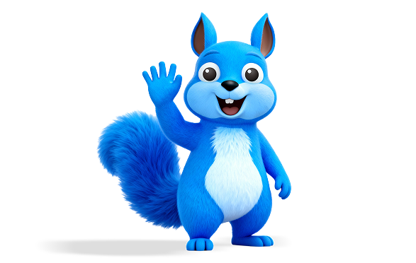 Blauwe mascotte in de vorm van een eekhoorn, genaamd Kiko, die vrolijk zwaait. Boven hem hangt een tekstballon met de woorden: “Hallo, ik ben Kiko. Jullie spring-buddy.”