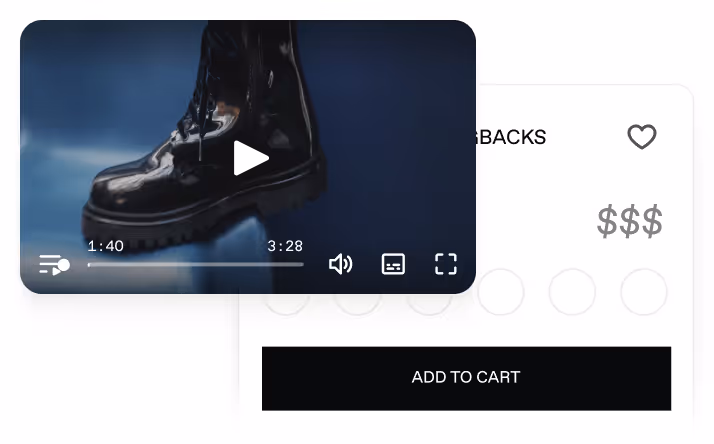 Close-up of a shiny black combat boot suspended in the air shown on a video player interface with play button and controls, partially overlaying an e-commerce product page with ADD TO CART button and price symbols.