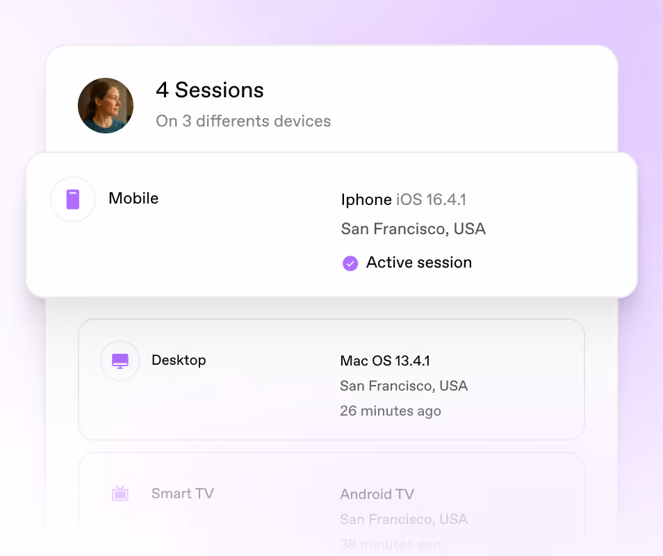 User profile displays 4 sessions on 3 different devices: an active iPhone running iOS 16.4.1 in San Francisco, a desktop with Mac OS 13.4.1 accessed 26 minutes ago, and a greyed-out Android TV labeled Smart TV.