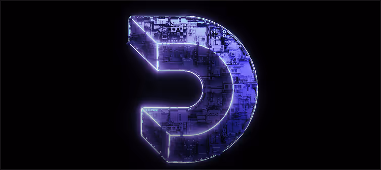Three-dimensional purple digital symbol resembling a stylized letter D with circuitry patterns inside, glowing on a black background.