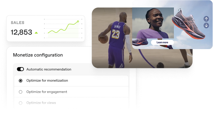 User interface showing sales data with 12,853 sales and an upward trending graph, a monetization configuration panel with options for automatic recommendation and optimization for monetization, engagement, and views, and an overlay image of a basketball player wearing a Los Angeles Lakers jersey with number 23, alongside a smiling woman and a running shoe with a learn more button.