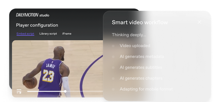 Screenshot of Dailymotion Studio Player configuration interface showing a basketball video with player James wearing jersey number 23. The smart video workflow panel lists steps: Video uploaded, AI generates metadata, subtitles, chapters, and adapts for mobile format.