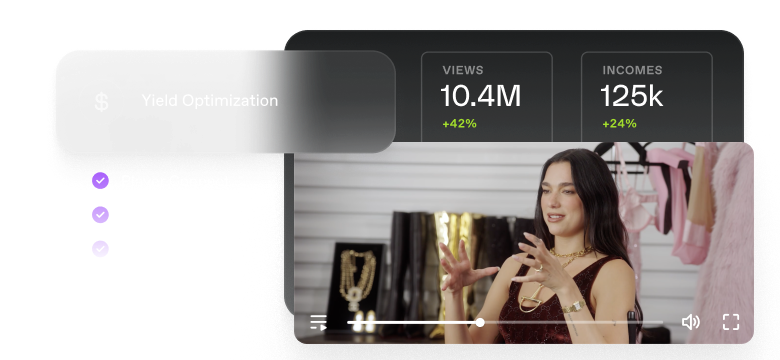 User interface showing a video player with a woman talking, surrounded by clothing and accessories. Above the video, there are stats labeled 'Views' with 10.4M and '+42%' in green, and 'Incomes' with 125k and '+24%' in green. A floating panel titled 'Yield Optimization' with a dollar icon is on the left, with checklist items including Player Connect, Prebid Adapter, and oRTB connect marked with purple check icons.