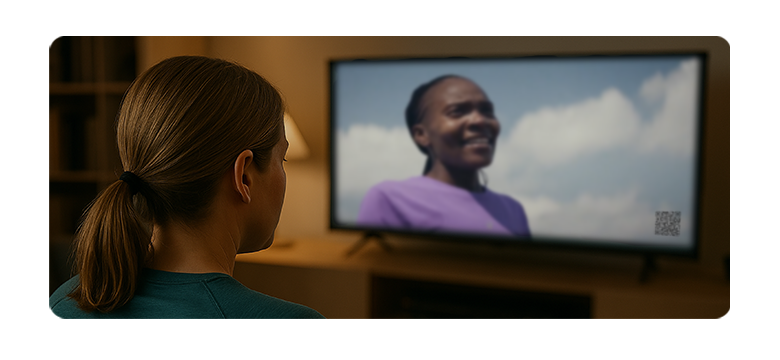 Person with brown hair tied in a ponytail watching a television screen displaying a smiling Black woman wearing a purple top against a sky background.