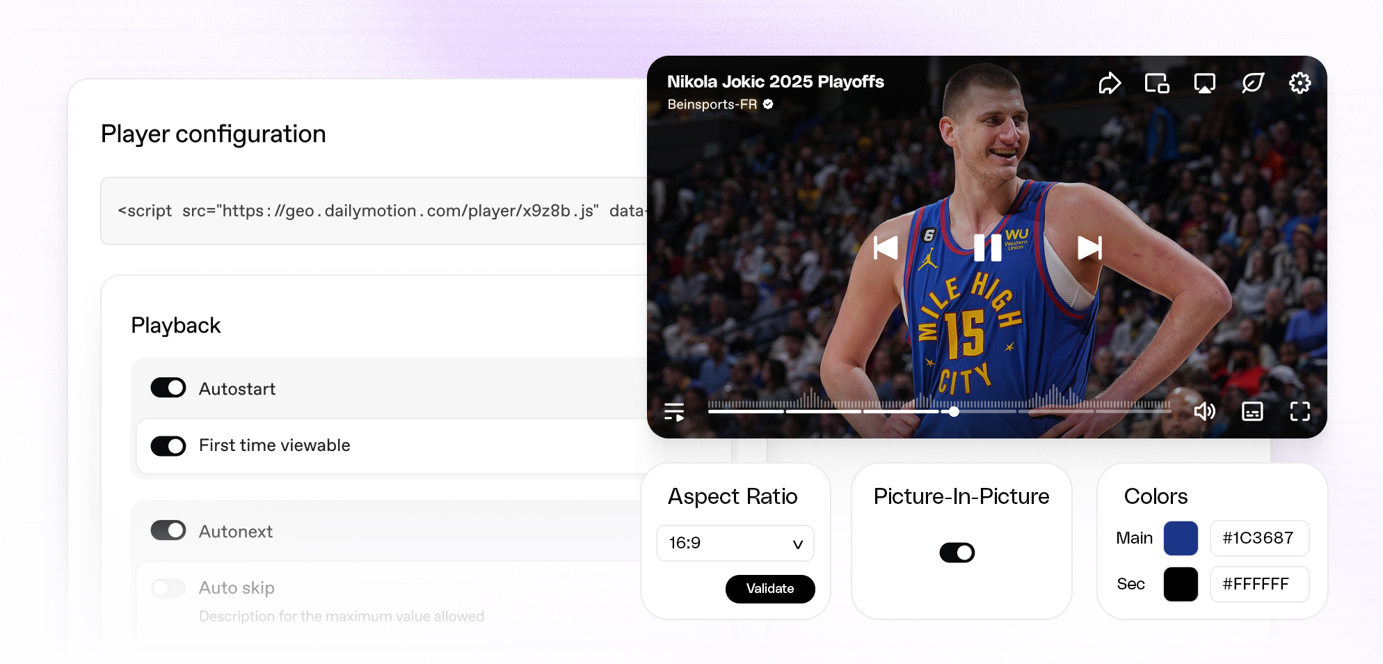 Screenshot of a video player interface showing a basketball player wearing a blue 'Mile High City' jersey with number 15 during Nikola Jokic's 2025 playoffs, overlaid on a player configuration panel with playback toggles for autostart and first time viewable, aspect ratio dropdown set to 16:9, picture-in-picture toggle enabled, and main and secondary color selectors.