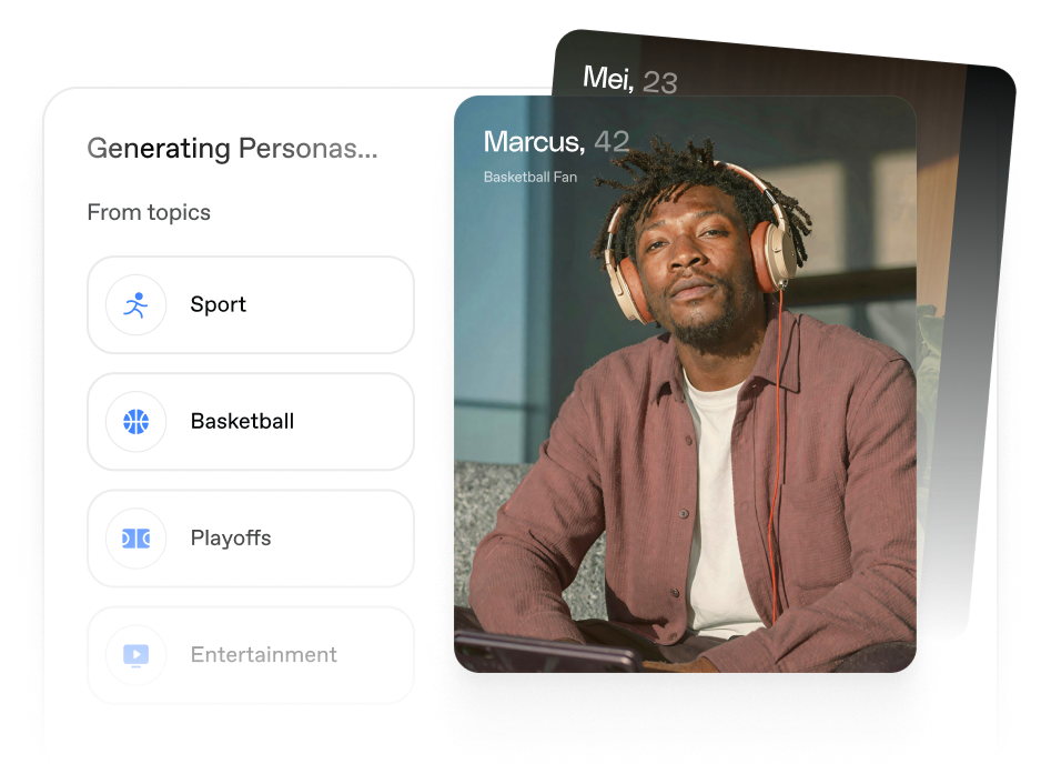 User interface showing persona generation from topics including sport, basketball, playoffs, and entertainment, with a highlighted persona card featuring Marcus, 42, a basketball fan wearing headphones.