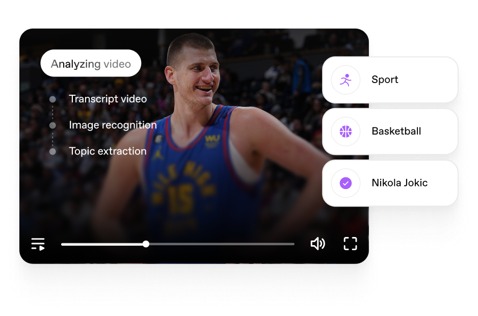 Video player interface with a basketball player in a Denver Nuggets jersey smiling. The video analysis steps shown are transcript video, image recognition, and topic extraction, with transcript video highlighted. Tags on the side indicate topics identified: Sport, Basketball, and Nikola Jokic, with Nikola Jokic selected. Playback controls, volume, and fullscreen icons appear below the video.