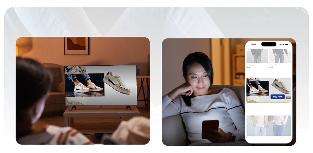 Two scenes show online shopping: on the left, a TV screen displays stylish sneakers with a person watching; on the right, a woman on a couch looks at her smartphone showing a clothing shopping app with a sneaker ad and a Buy Now button.