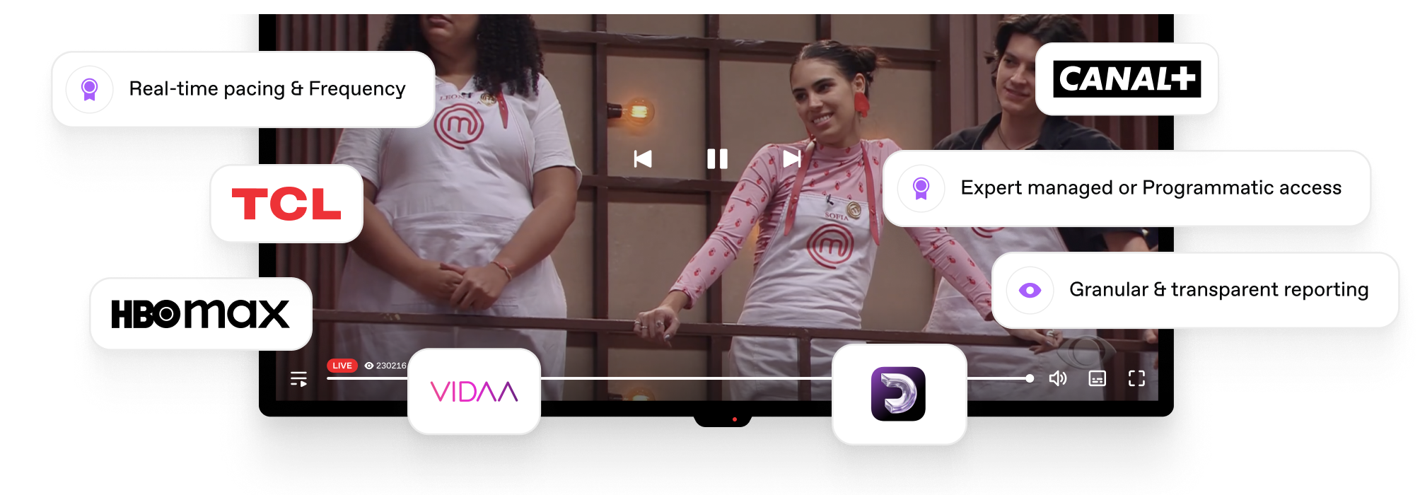 A paused video of three people in aprons with a MasterChef logo standing behind a wooden railing, overlaid with TV and streaming service logos including CANAL+, TCL, HBO Max, VIDAA, and others, alongside text highlights of real-time pacing & frequency, expert managed or programmatic access, and granular & transparent reporting.
