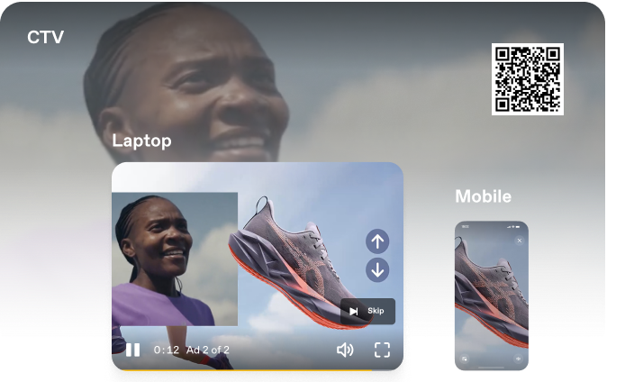 Digital advertisement showing a Black woman runner on the left and a gray and orange athletic shoe on the right with playback controls and volume icon, displayed in laptop and mobile screen formats against a blurred background with a QR code on the top right and the text 'CTV' on top left.