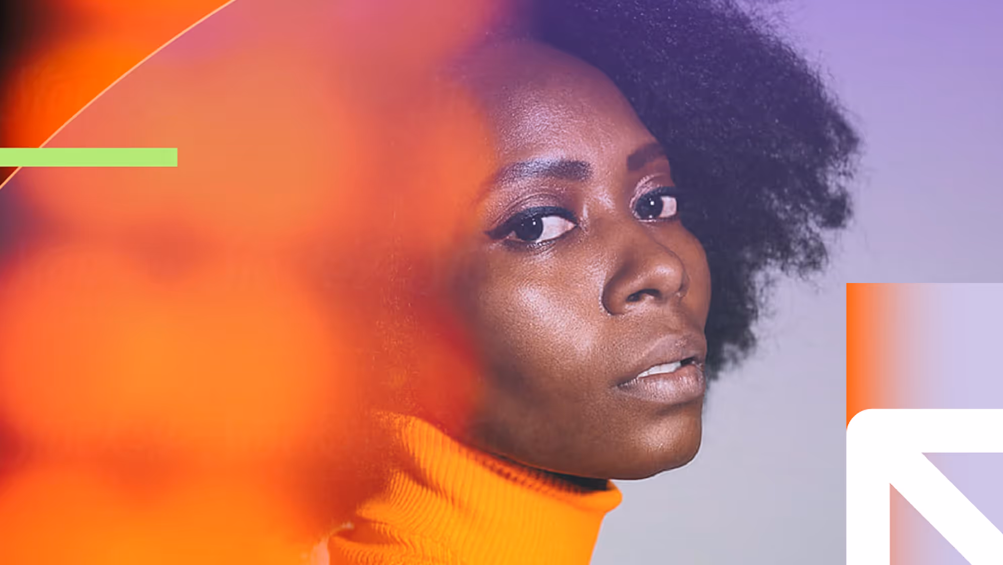 Close-up portrait of a woman with dark skin and natural afro hair wearing an orange turtleneck, looking sideways with orange blurred shapes in the foreground and a light purple background.