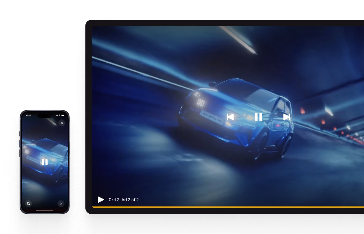 A video player interface on a large screen and a smartphone showing a blue car driving fast through a dimly lit tunnel with motion blur and light streaks, paused at 0:12 seconds labeled Ad 2 of 2.