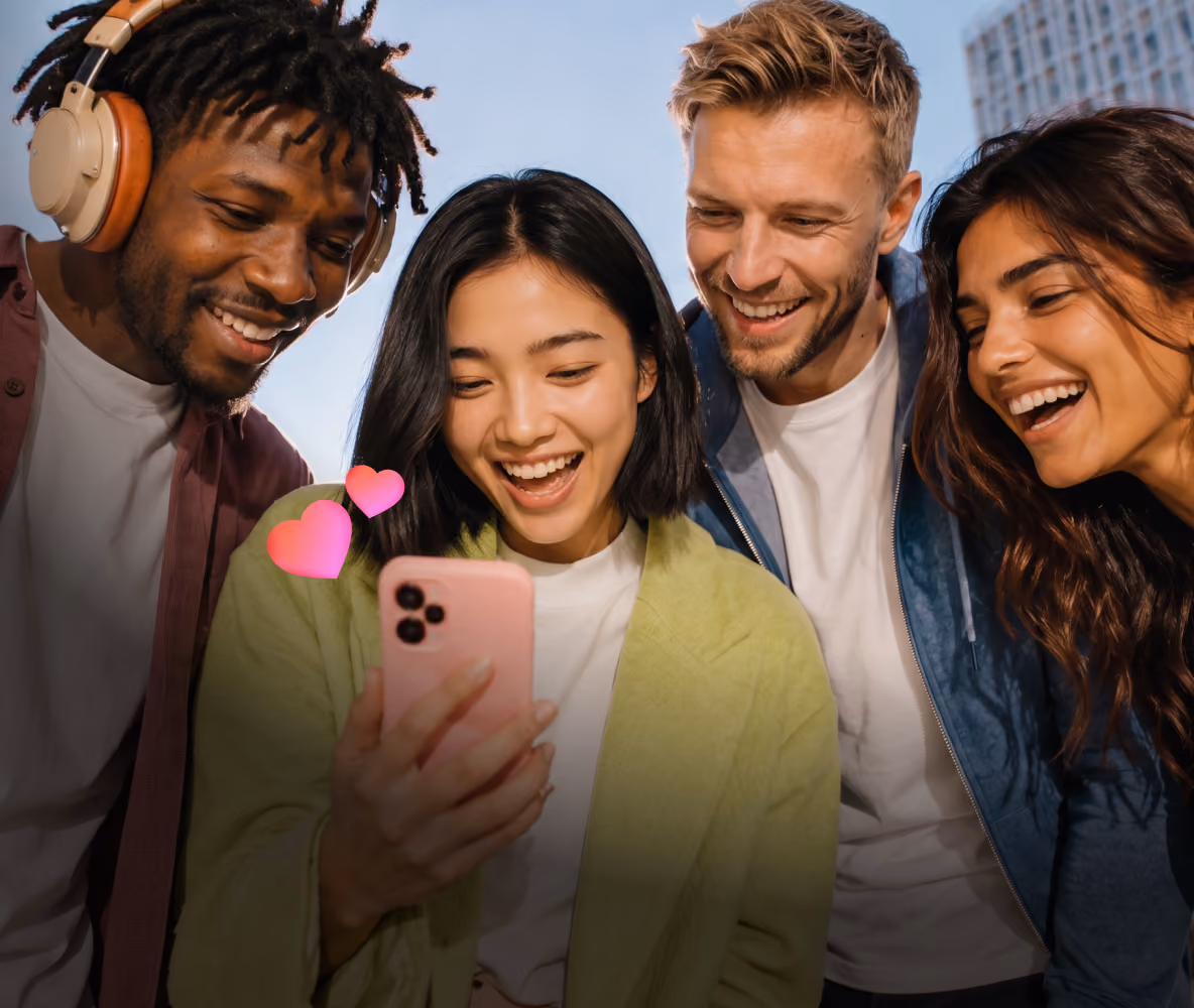 Four friends smiling and looking at a phone with pink hearts floating near it.