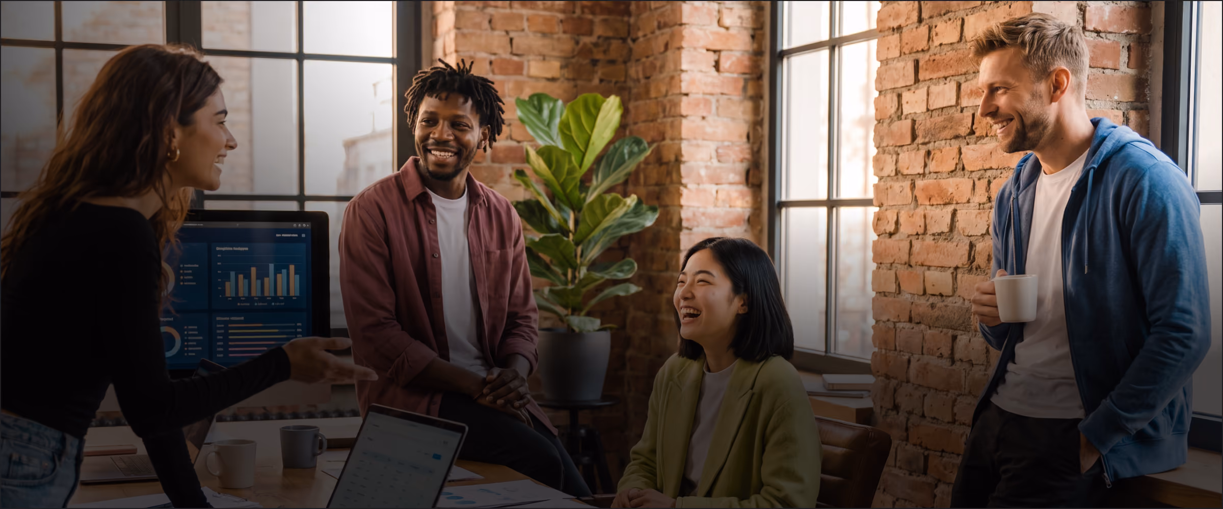 Four colleagues smiling and talking in a modern office with exposed brick walls and large windows.