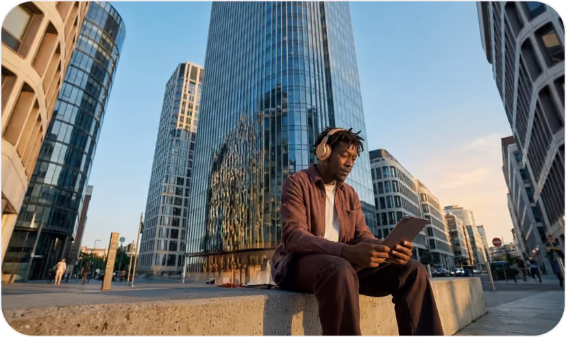 Man wearing headphones sitting outdoors in front of tall glass buildings, using a tablet device.