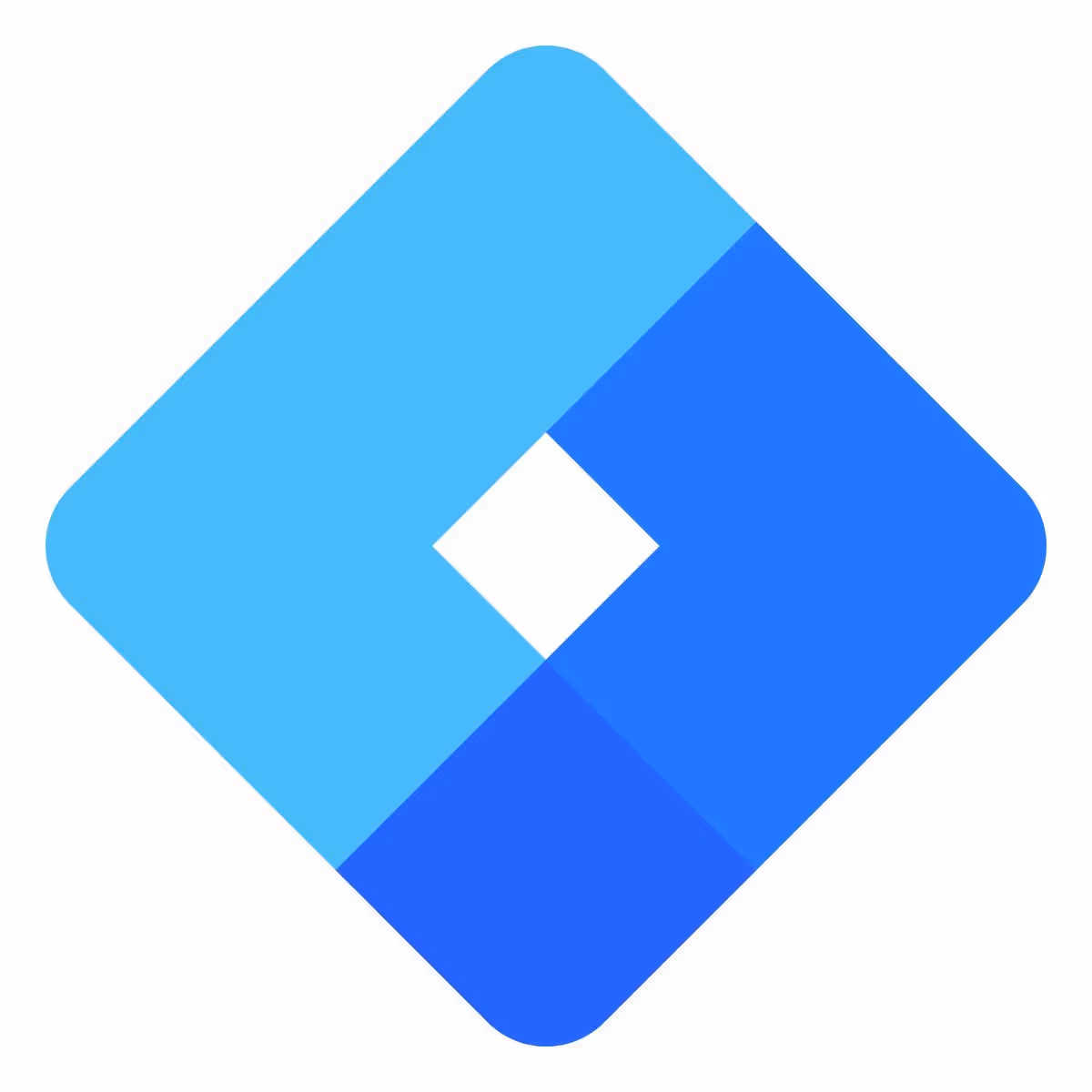 Stylized blue diamond-shaped logo with an empty diamond cutout in the center.