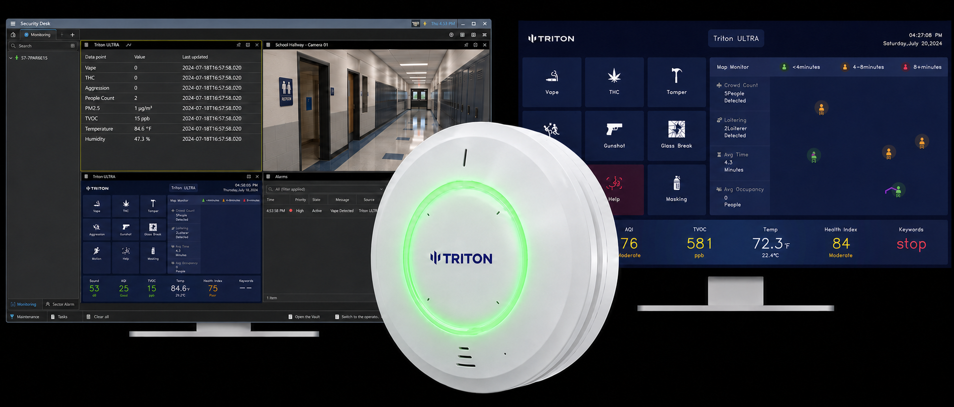 Genetec Security Center showing a live Triton ULTRA vape alert with hallway camera feed and sensor dashboard data