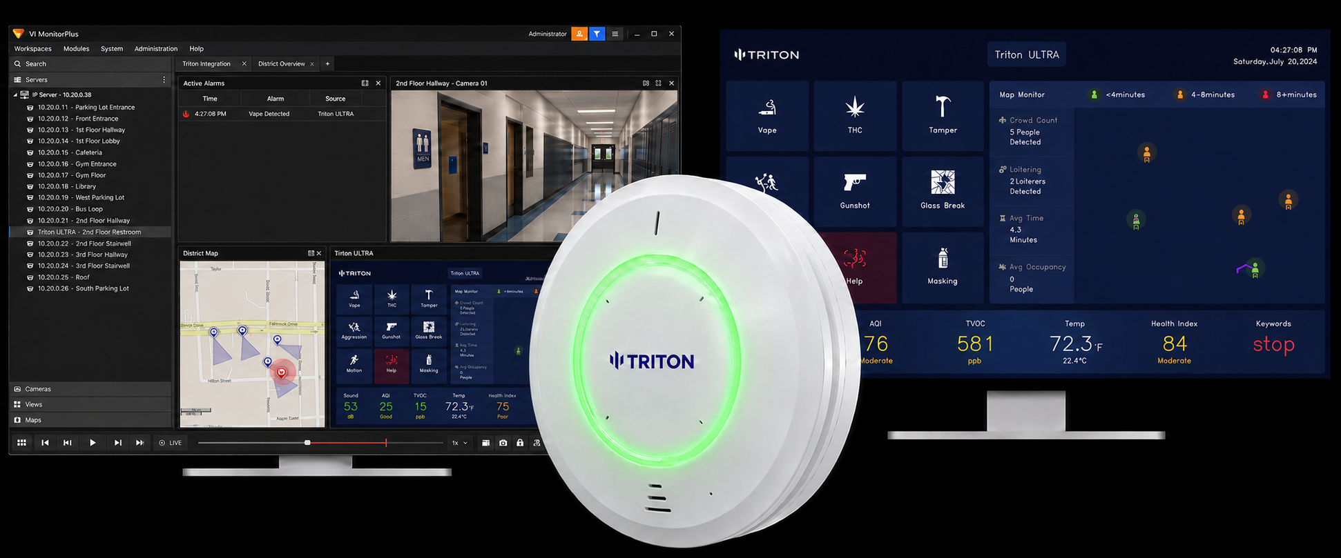 VI MonitorPlus showing a Triton ULTRA vape alarm with hallway camera feed and live sensor dashboard data