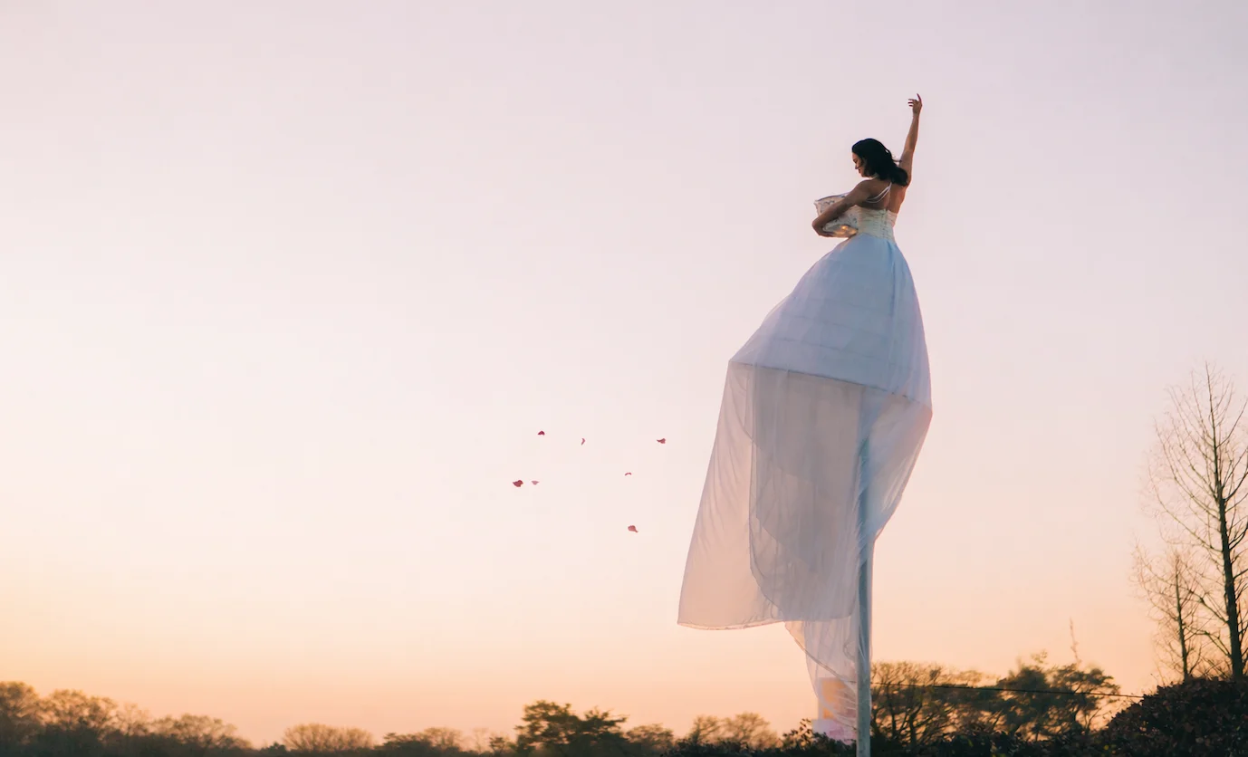 Sierlijke acrobate aan een swaypole met blaadjes bij een zakelijk evenement