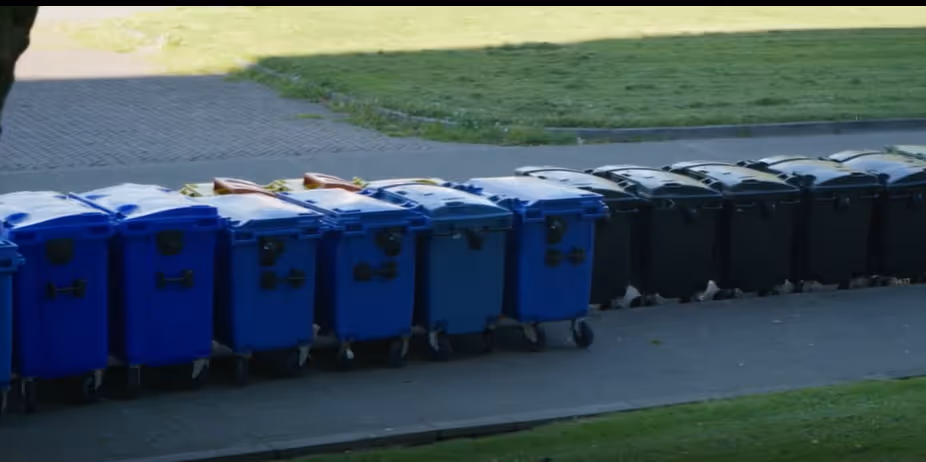 Une rangée de poubelles bleues et noires sur un trottoir près d'une pelouse.