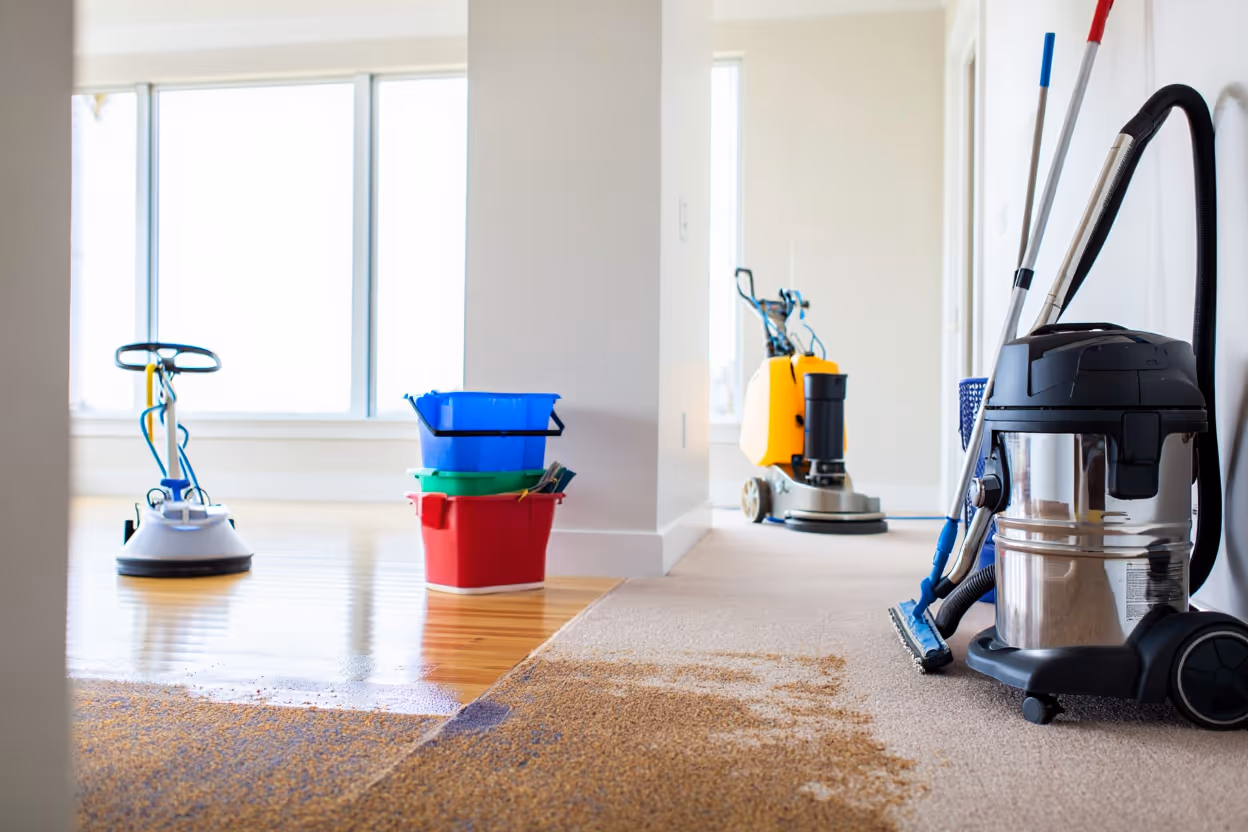 Équipement de nettoyage incluant un aspirateur, un balai, plusieurs seaux colorés et une machine de nettoyage de tapis dans une pièce claire.