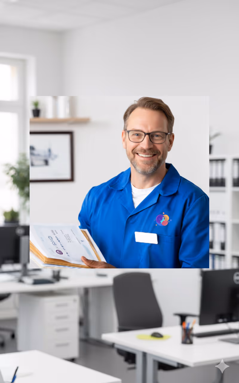 Homme souriant portant une blouse bleue et tenant un dossier dans un bureau moderne.