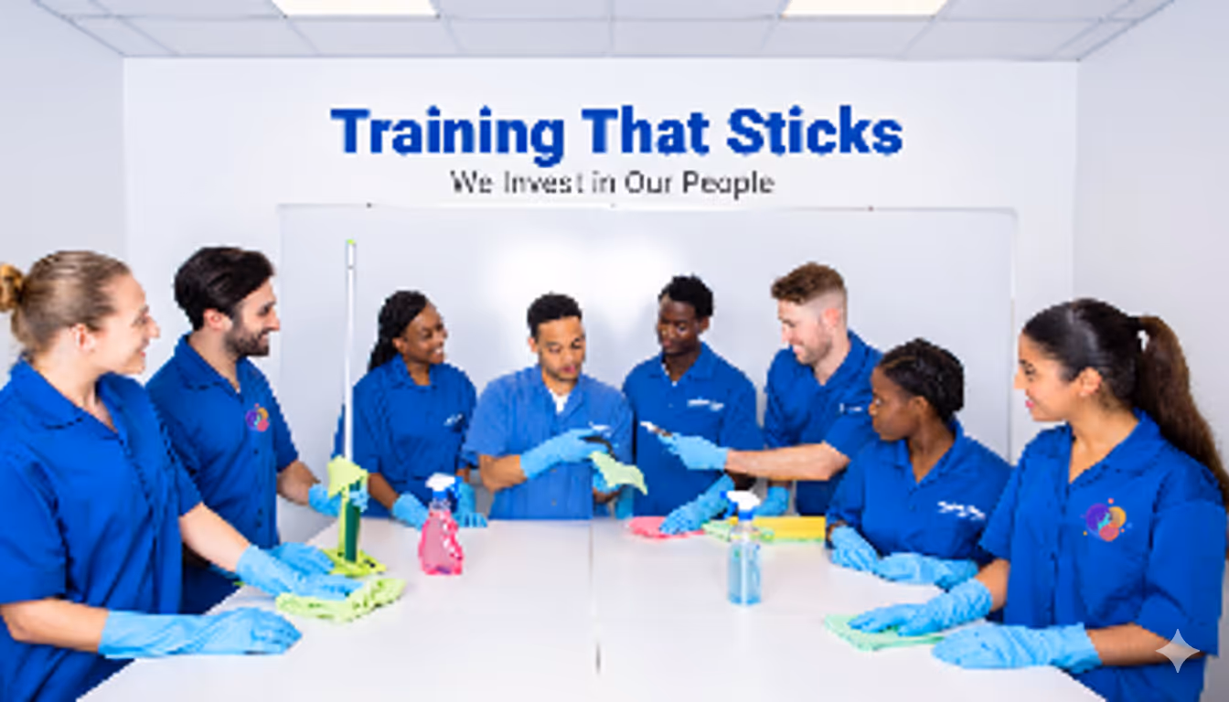Groupe de huit personnes en uniformes bleus participant à une formation de nettoyage avec des gants bleus et des produits de nettoyage sur une table.