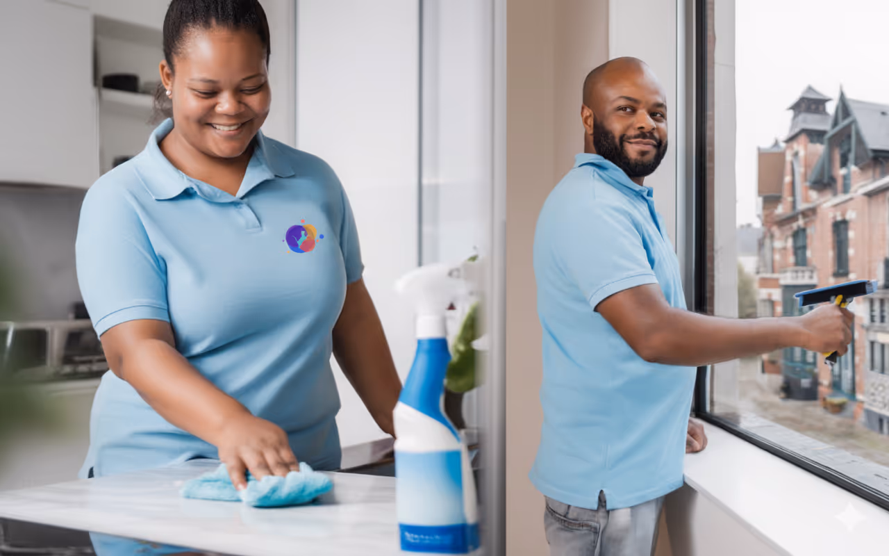 Deux professionnels du nettoyage en polo bleu, une femme essuyant une surface et un homme nettoyant une fenêtre.