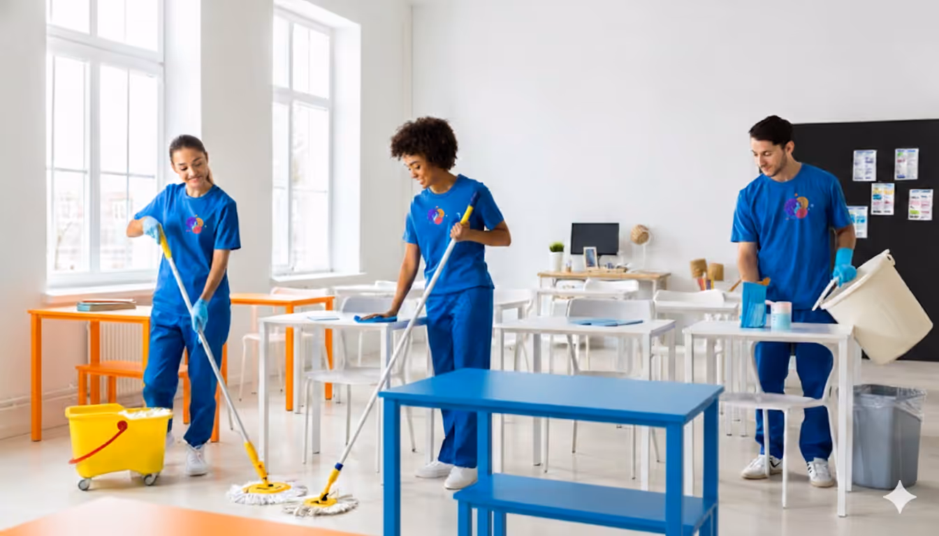 Trois personnes en uniforme bleu nettoient une salle de classe lumineuse avec des tables et des chaises blanches et orange.