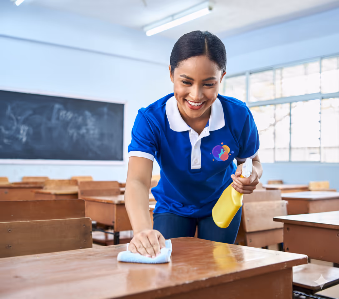 Femme souriante en polo bleu nettoyant un bureau en bois dans une salle de classe avec un chiffon et un spray jaune.