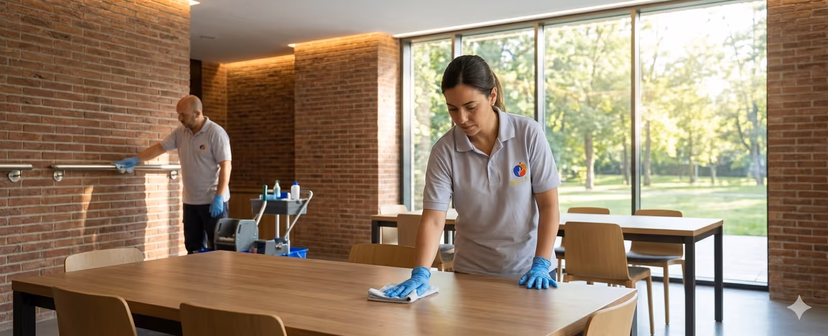 Quatre agents de nettoyage travaillent dans un bureau moderne avec de grandes fenêtres, l'une souriante tenant une vadrouille, les autres nettoyant une table et un sol.