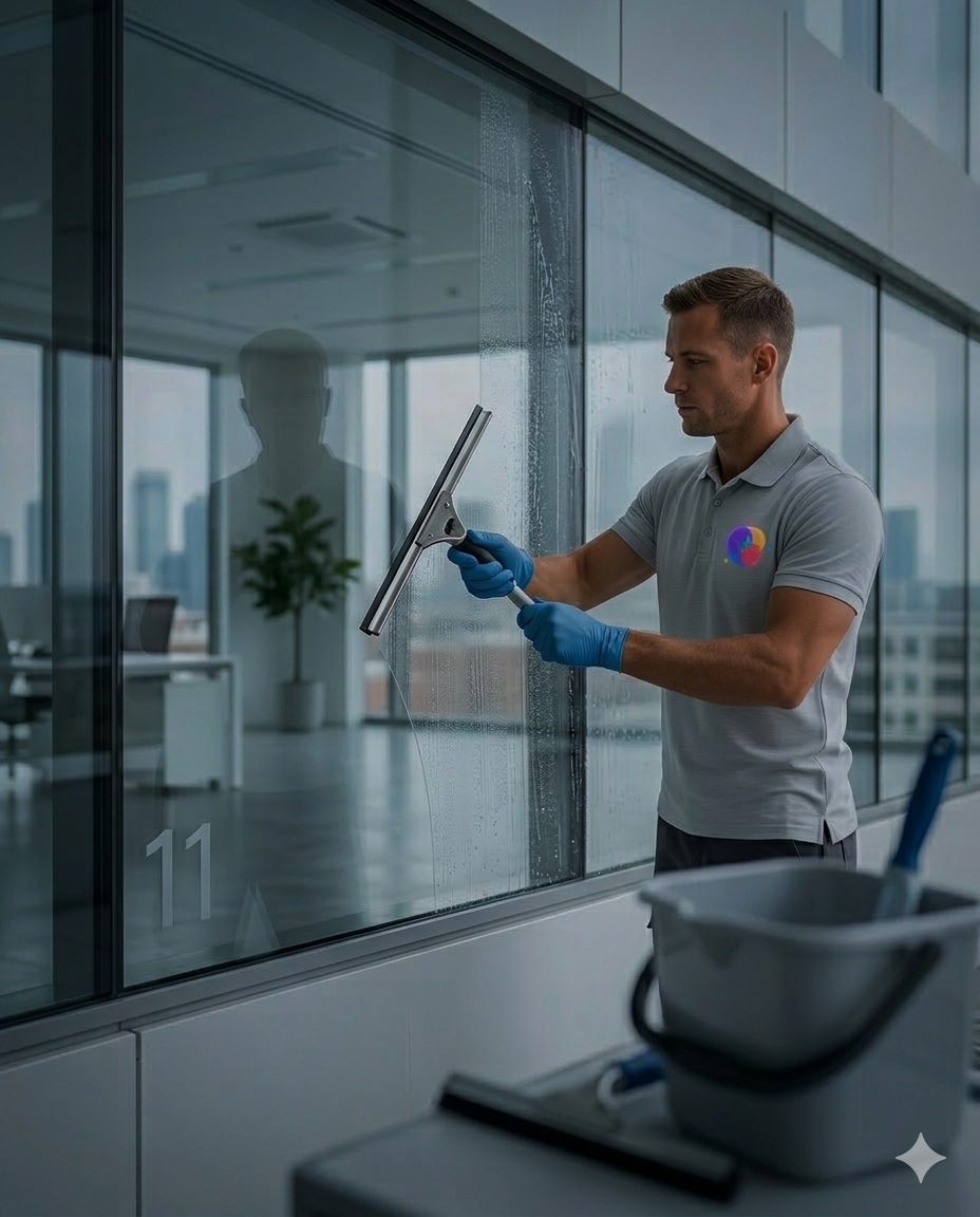 Un homme nettoie une fenêtre en verre avec un racloir, à côté du numéro 11.