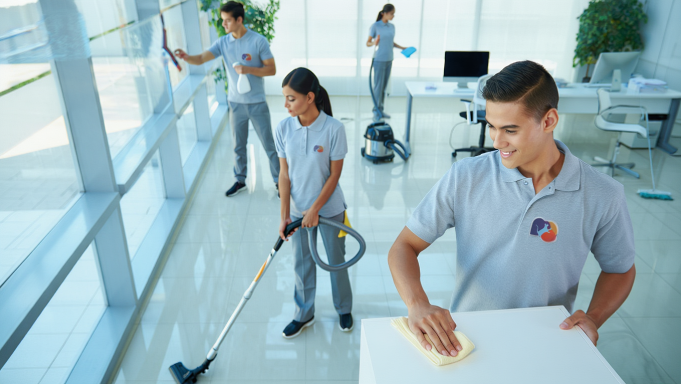 Un homme de dos portant une veste grise avec un logo coloré et le texte « Assist & Clean The cleaner the better » en train de nettoyer une porte vitrée numéro 11.