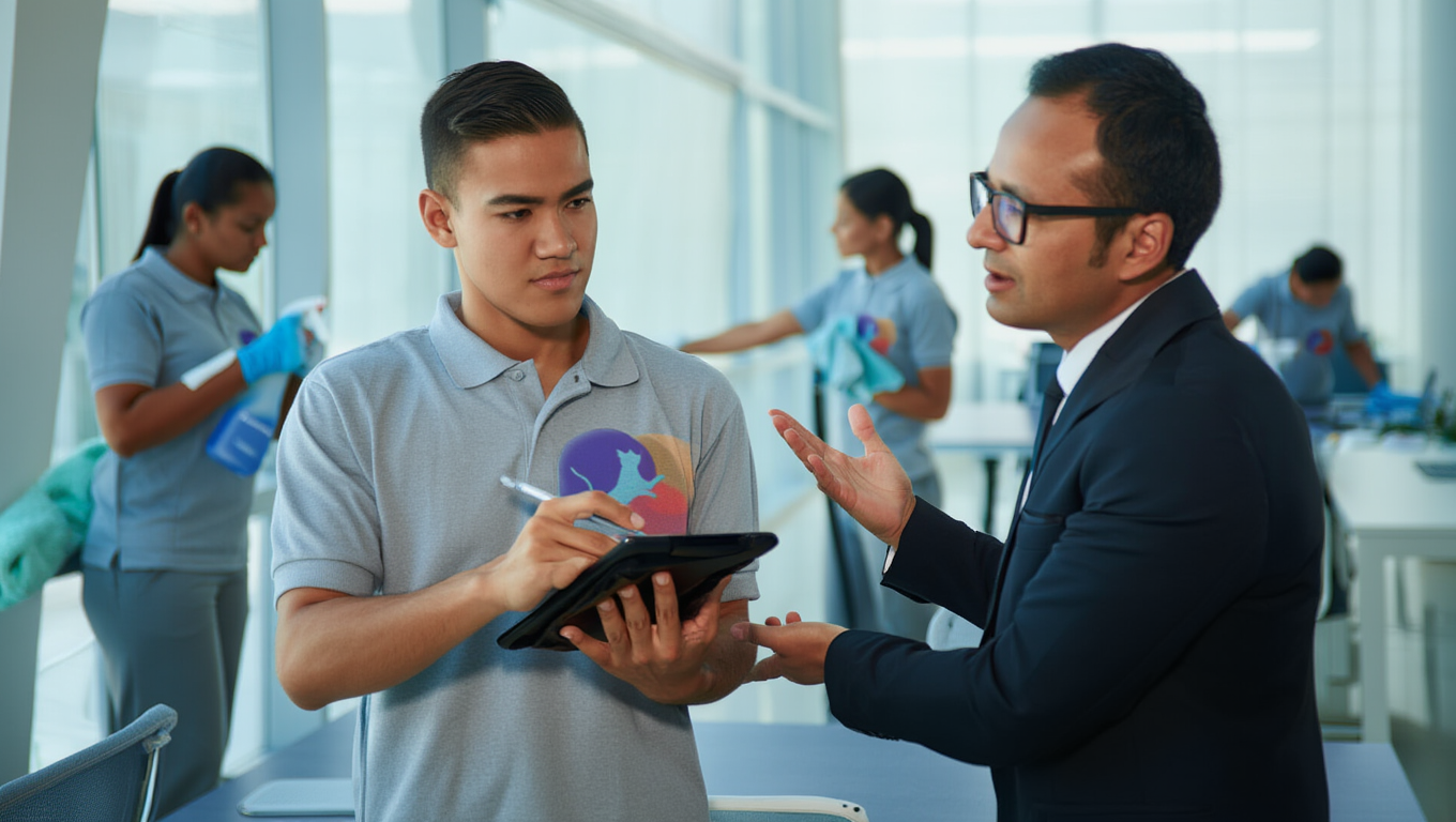 Deux hommes portant des seaux et marchant vers une fourgonnette blanche garée devant un immeuble résidentiel.