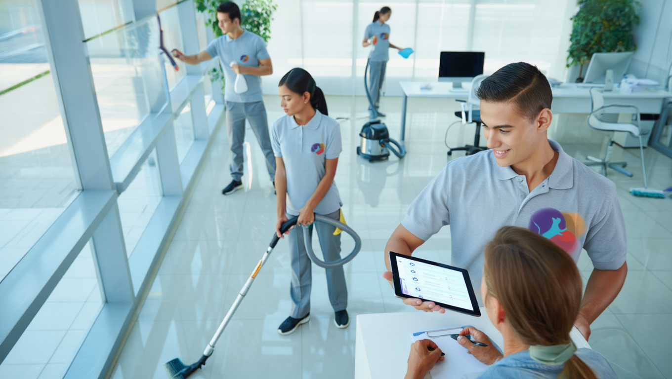 Un homme chauve portant un polo blanc et des gants bleus nettoie avec une serpillière dans un bâtiment.
