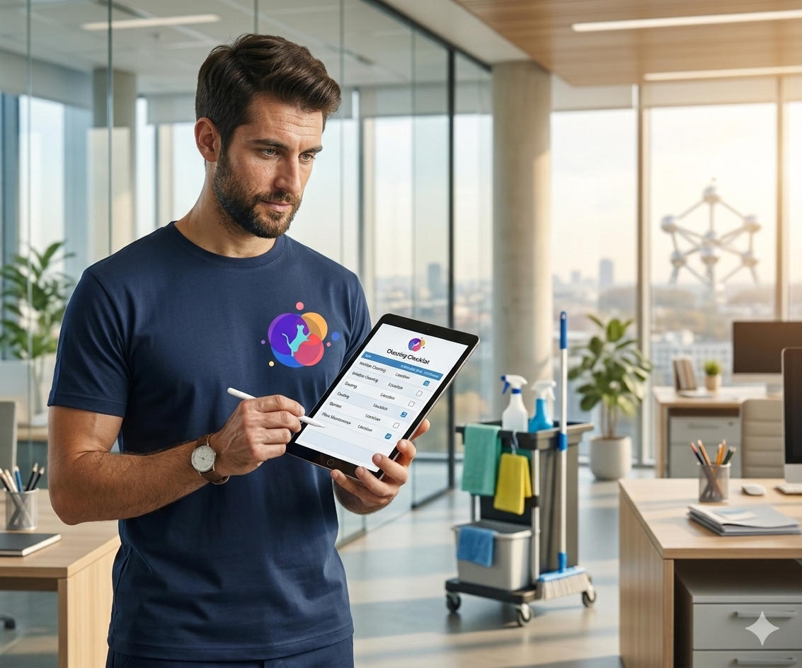 Person en uniforme bleu nettoyant une poignée de porte avec un chiffon et des interrupteurs avec un spray désinfectant dans un couloir.