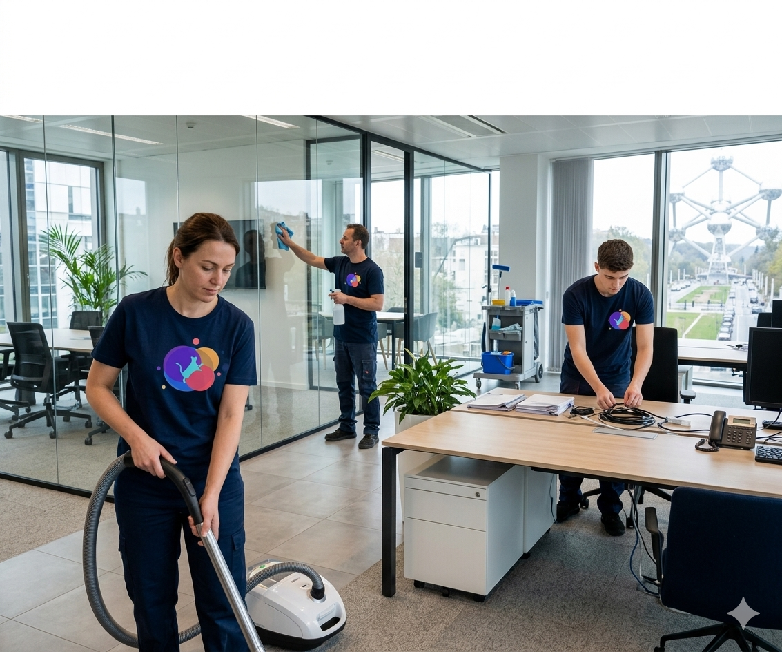 Deux hommes portant des seaux marchent vers un fourgon blanc stationné près d'un bâtiment moderne.