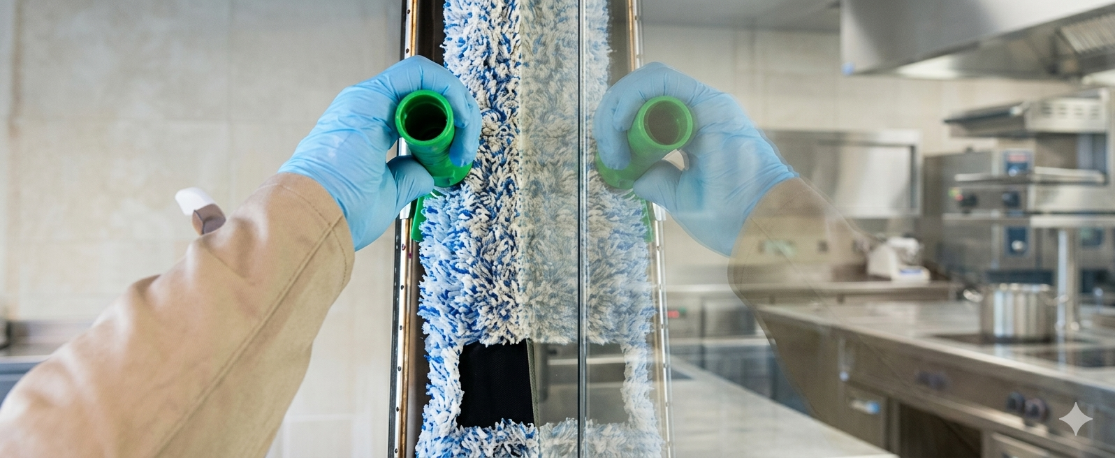 Un homme nettoie une grande fenêtre marquée du numéro 11 avec un outil à poignée verte.