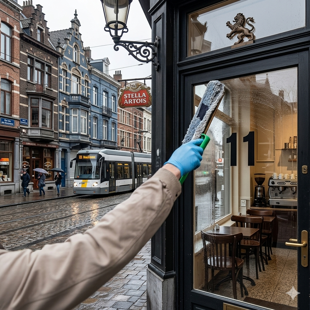 Une personne vue de dos portant une veste grise avec un logo coloré et le texte « Assist & Clean » en train de nettoyer une porte vitrée.