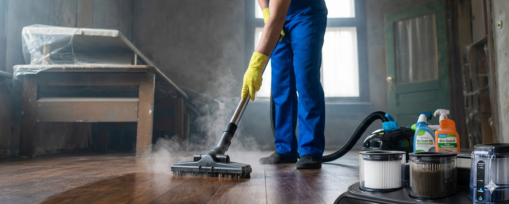 Person en chaussures noires utilisant une serpillière verte et rouge pour nettoyer un sol en bois clair.