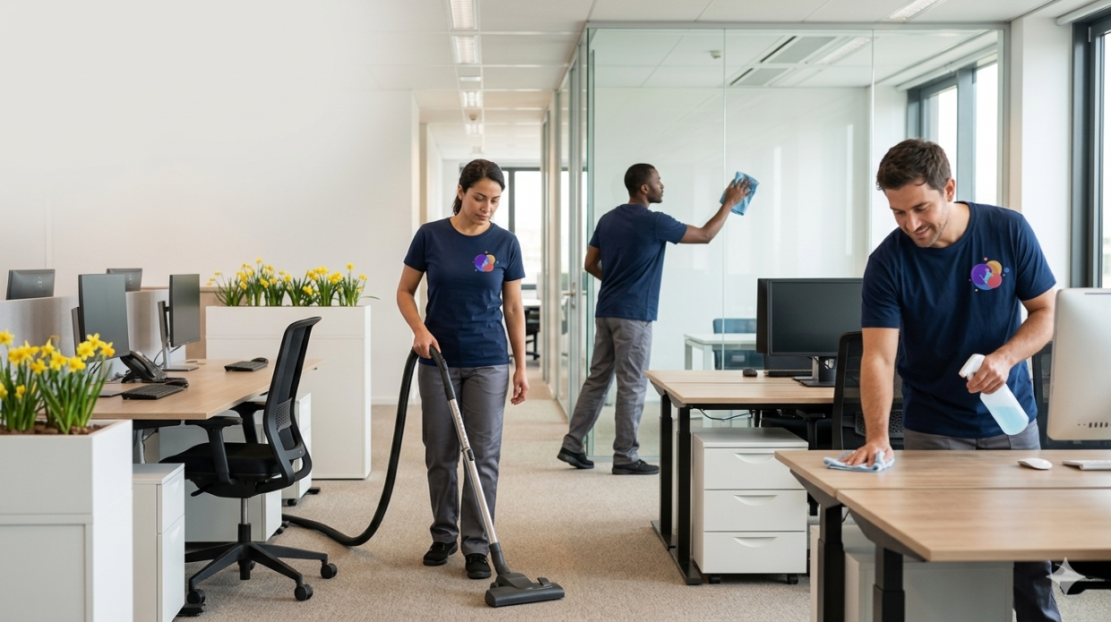 Trois agents de nettoyage en uniforme bleu nettoient un bureau vide avec un aspirateur, une serpillière et une poubelle.