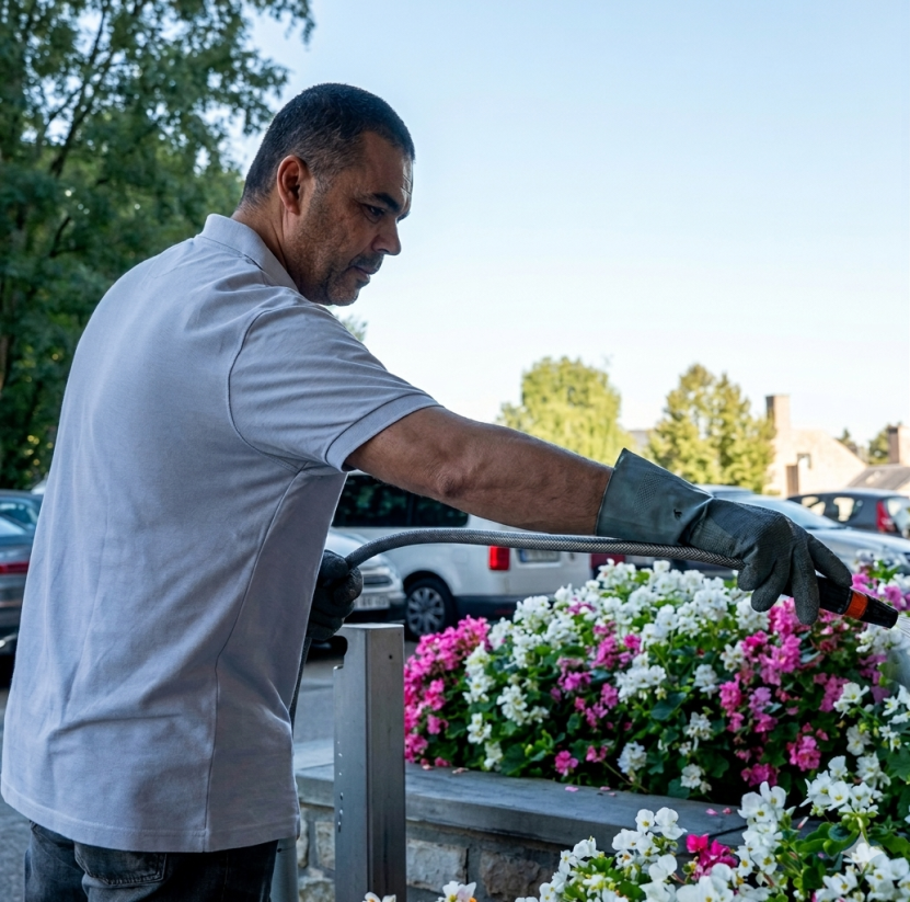 Un homme arrose des fleurs blanches et roses près d'un parking extérieur avec plusieurs voitures.